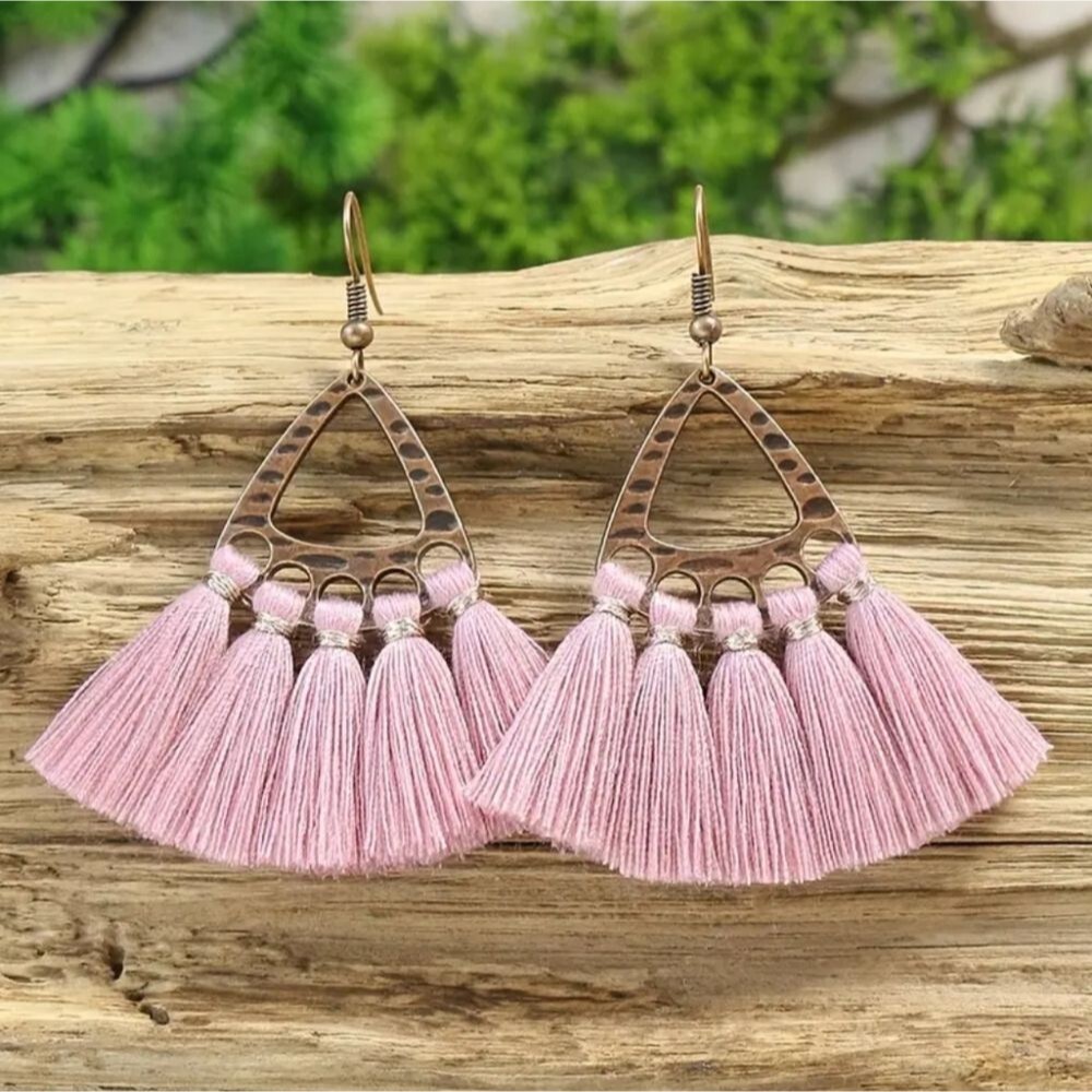 Pink tassel fringe fan statement earrings